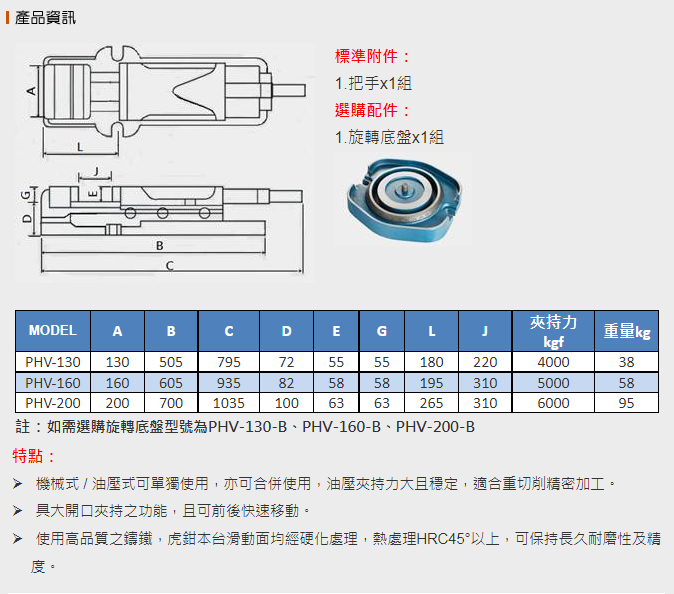 油壓虎鉗外藏式PHV 規格